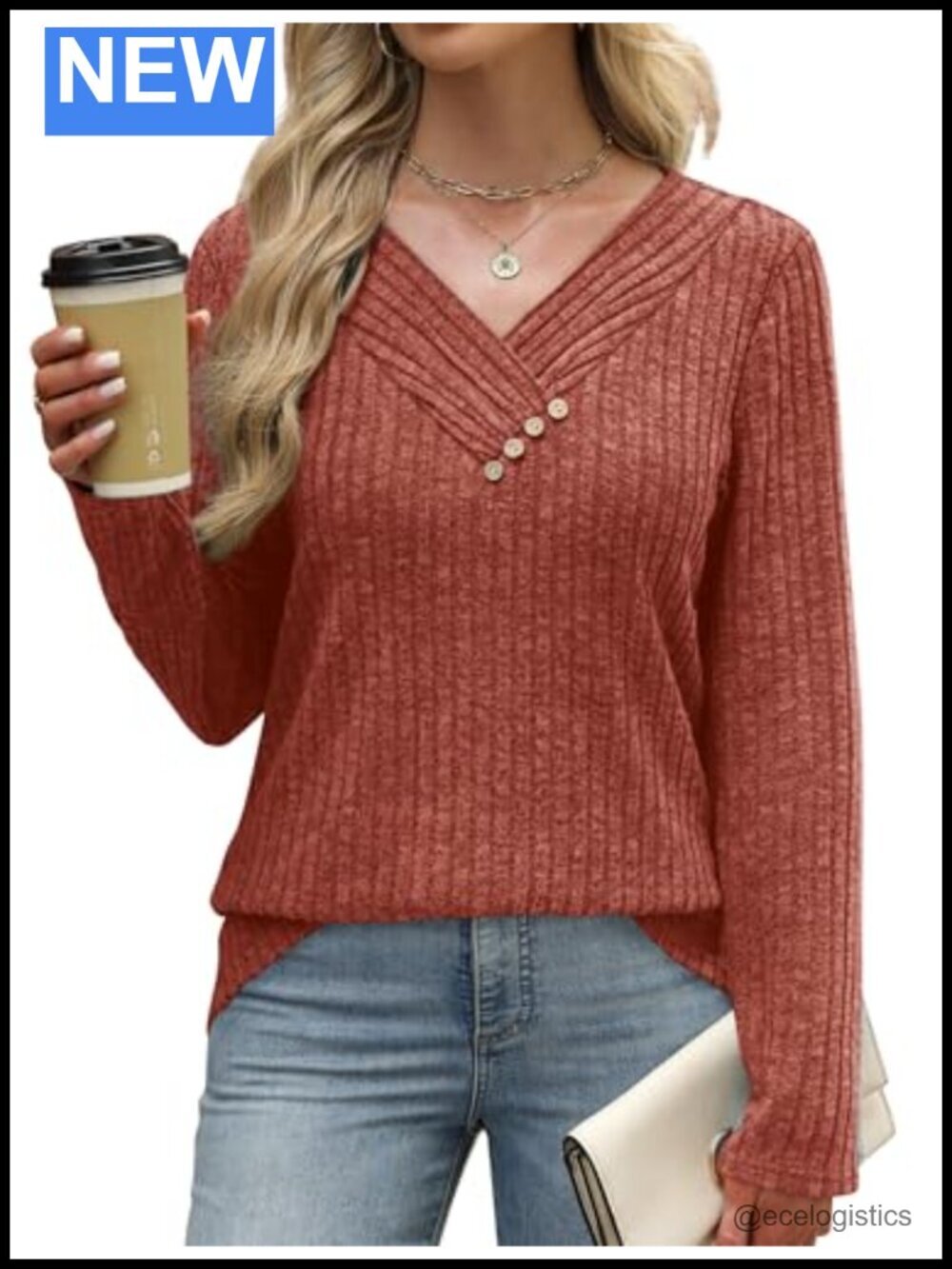 Long Sleeve V Neck Button Sweater Tunic Pullover Fall Winter